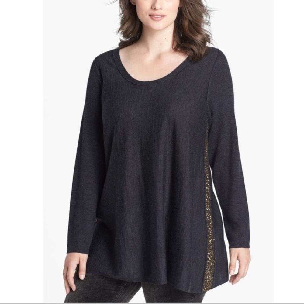 Eileen Fisher Petite Merino Wool Sweater Gray MP Holiday Sequin Sparkle Side